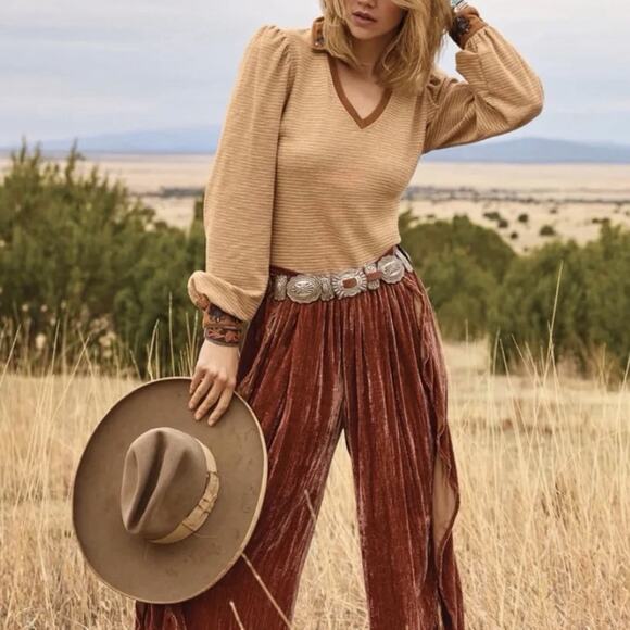 Double D Ranch Size M Trails End Top Long Sleeve Beaded Embellished Tan Western - Picture 3 of 11